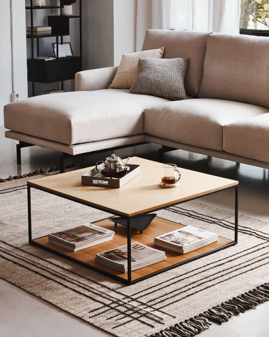 Yoana coffee table with oak veneer table top and base, white metal structure, 80 x 80 cm