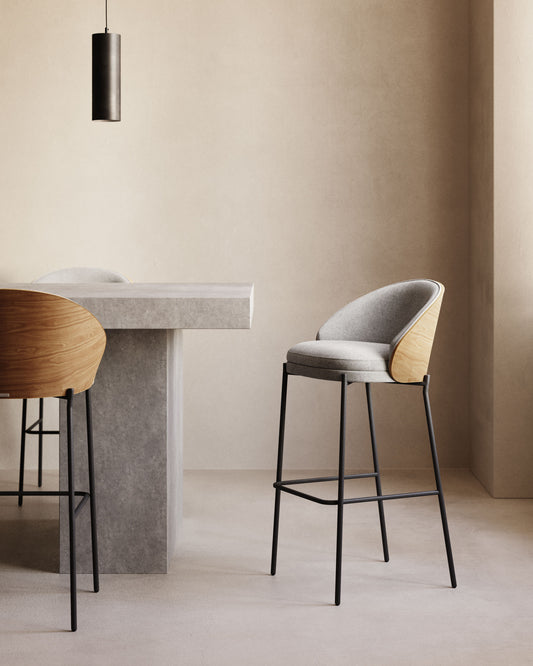 Eamy stool light grey chenille and ash wood veneer with a natural finish and black metal, 77 cm