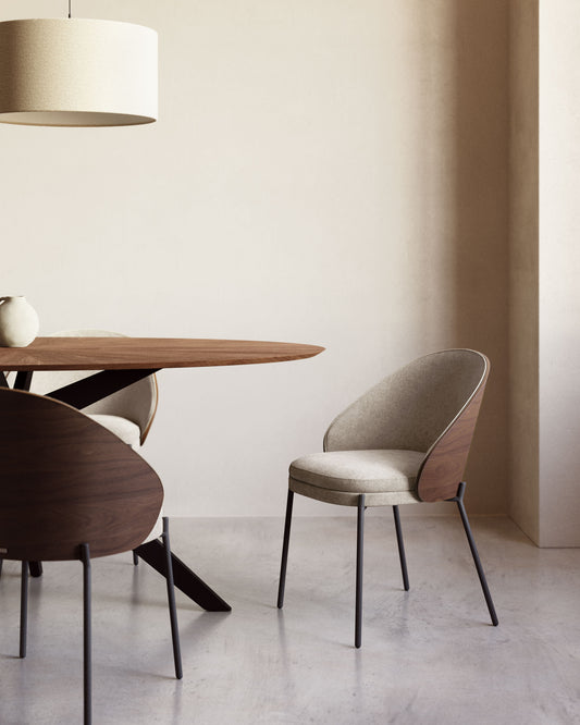 Eamy chair light brown chenille and ash wood veneer with a wenge finish and black metal