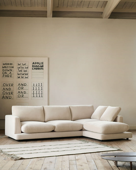 Gala 4-seater sofa with right chaise longue in beige chenille FSC Mix Credit 300cm