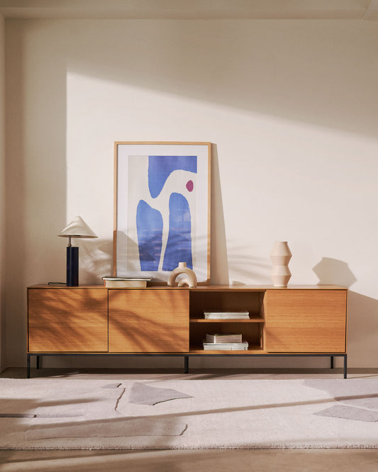 Vedrana 3-door TV stand in oak veneer with black steel legs, 195 x 55 cm