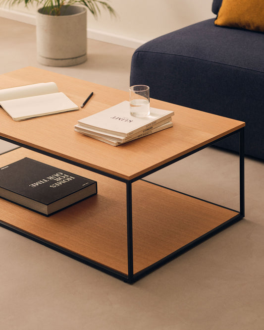 Yoana coffee table with oak veneer table top and base, white metal structure, 110 x 60 cm