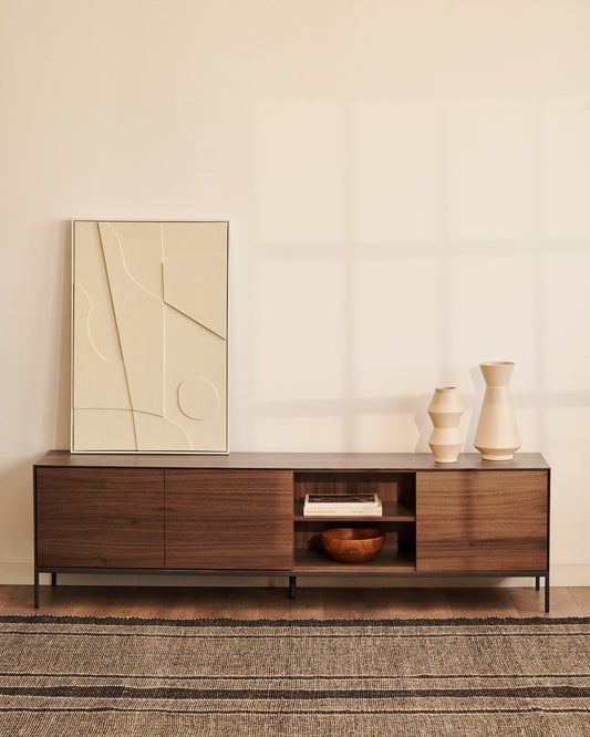 Vedrana 3-door TV stand in walnut veneer with black steel legs, 195 x 55 cm