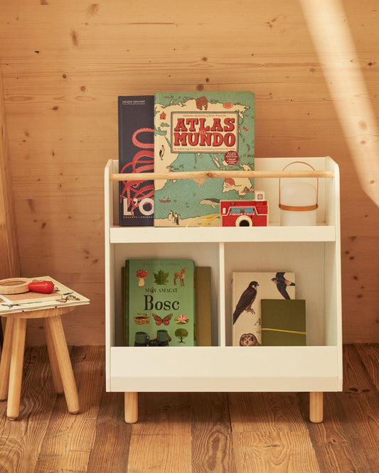 Serwa bookcase in white MDF with solid pine legs and bar