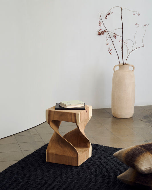 Hakon solid rain tree wood side table with carved interior, 30 x 30 cm