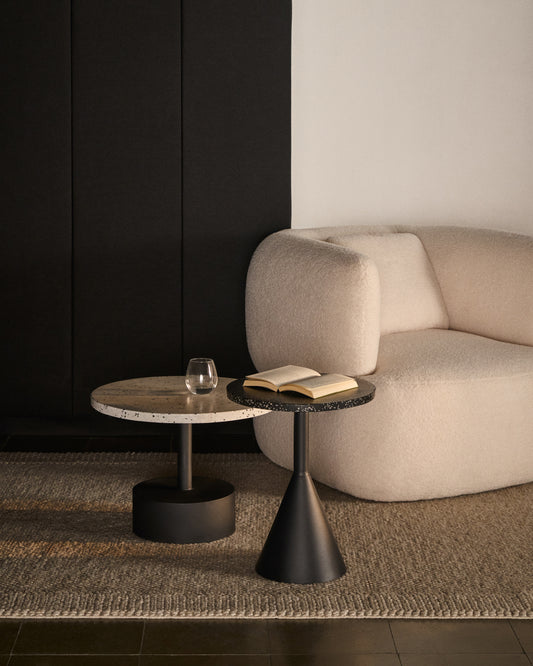 Delano grey terrazzo side table with steel legs in a black finish, Ø 55 cm