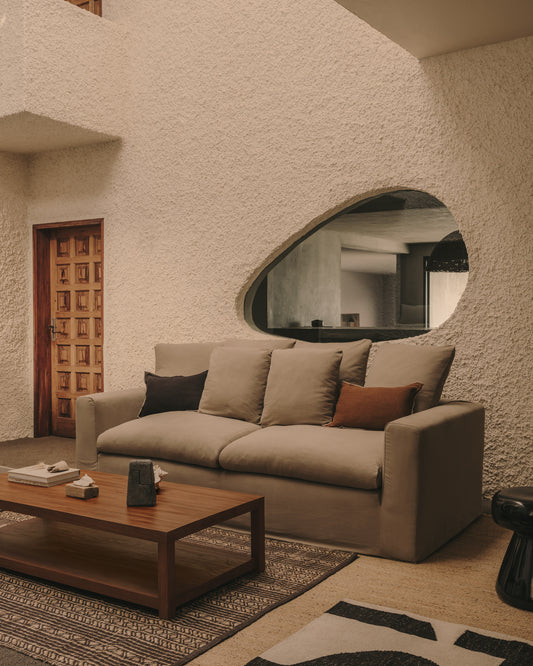 Nora 3-seater sofa with removable cover with linen and cotton cushions in taupe 240cm