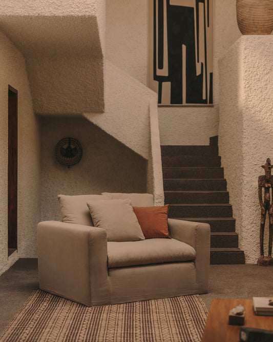 Nora armchair with removable cover with linen and cotton cushion in anthracite grey 140cm