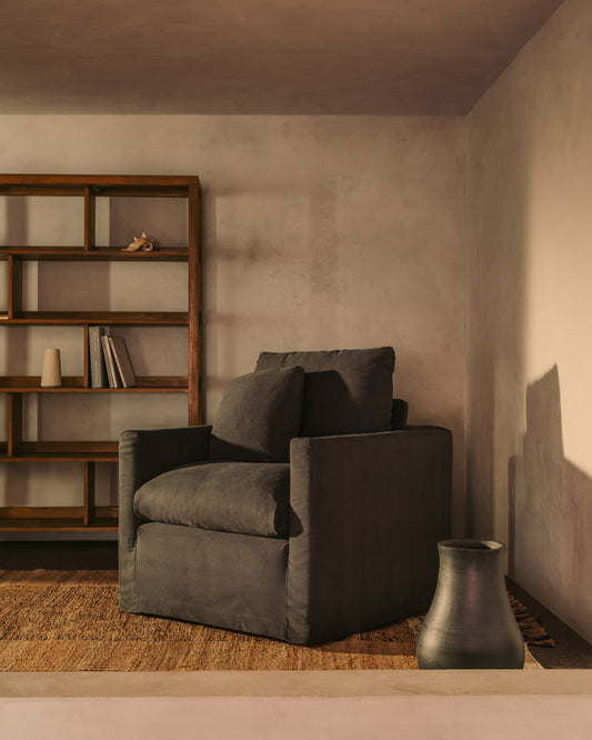Nora armchair with removable cover with linen and cotton cushion in ecru 92cm