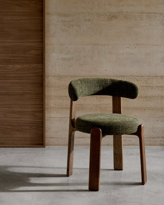 Granite fire-retardant chair in green chenille and solid ash wood with walnut-coloured finish FSC 100%