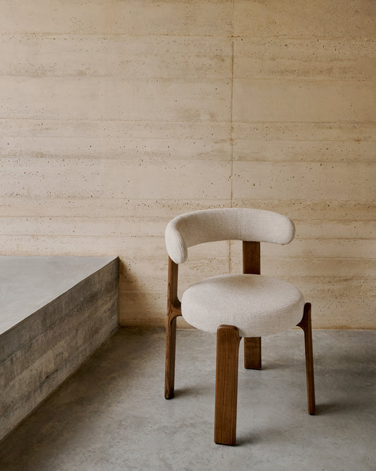 Granite fire-retardant chair in beige chenille and solid ash wood with walnut-coloured finish FSC 100%
