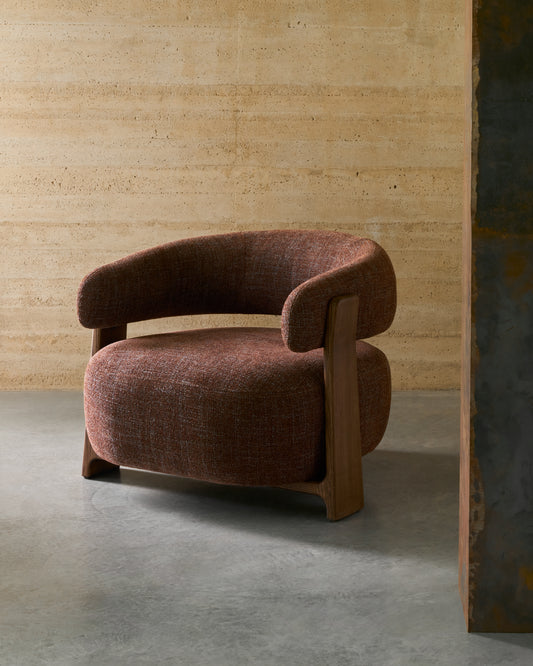 Granite fire-retardant armchair in brown chenille and solid ash wood with walnut-coloured finish FSC 100%