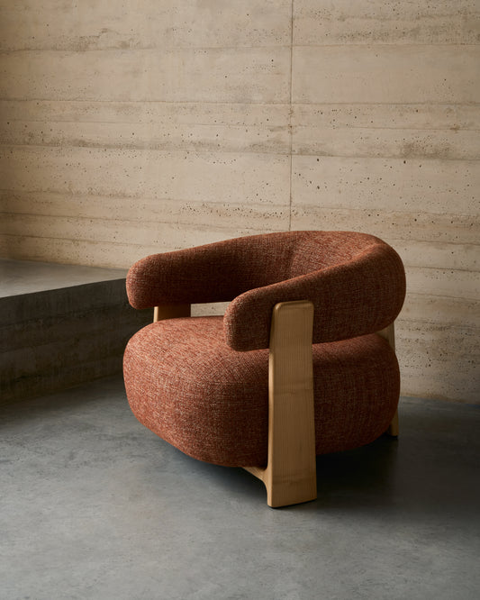Granite terracotta chenille armchair with solid ash wood legs in a natural tone finish FSC 100%