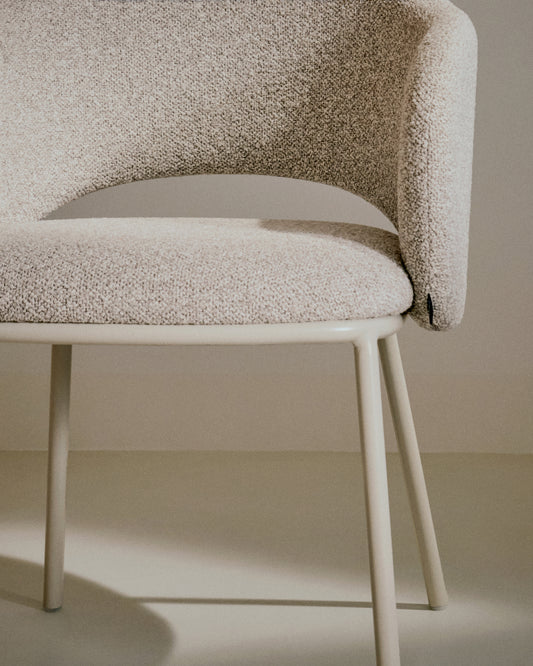 Maina chair in thick beige chenille and steel legs in a beige finish, FSC Mix Credit