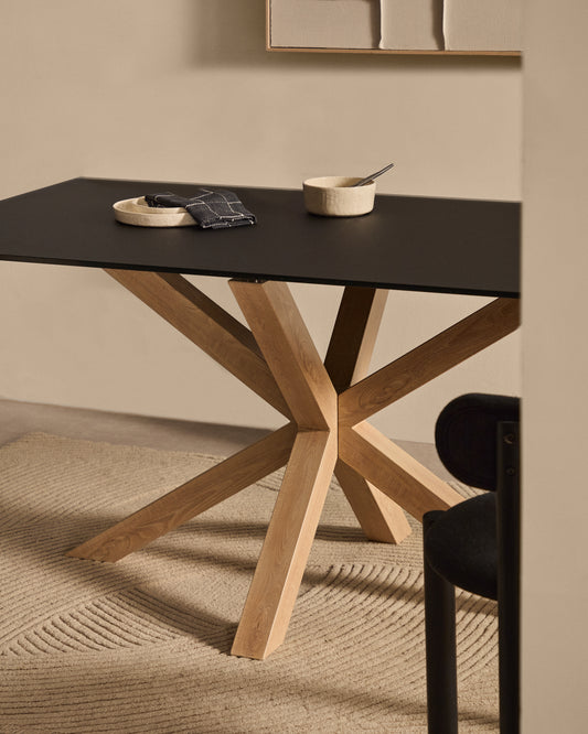 Argo table in frosted black glass and wood-effect steel legs 160 x 90 cm