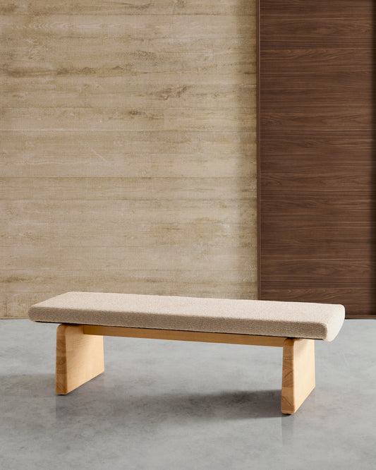 Topaz bench in beige chenille and FSC 100% solid ash wood in a natural finish, 150 cm