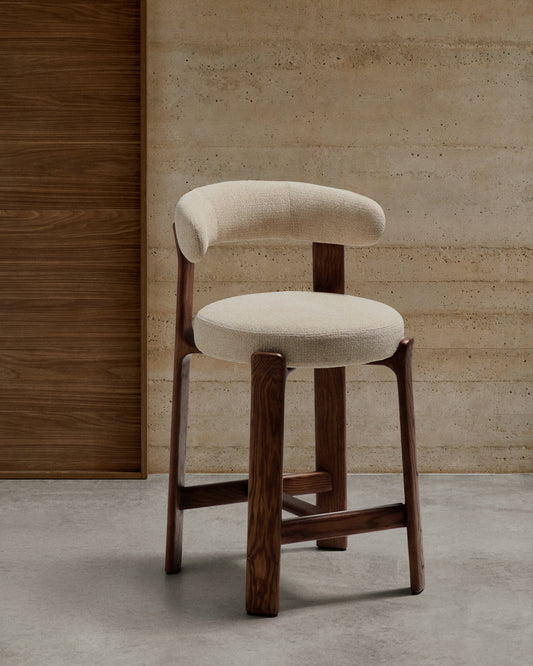 Granite stool in beige chenille and solid ash wood with walnut-coloured finish FSC 100% 65cm