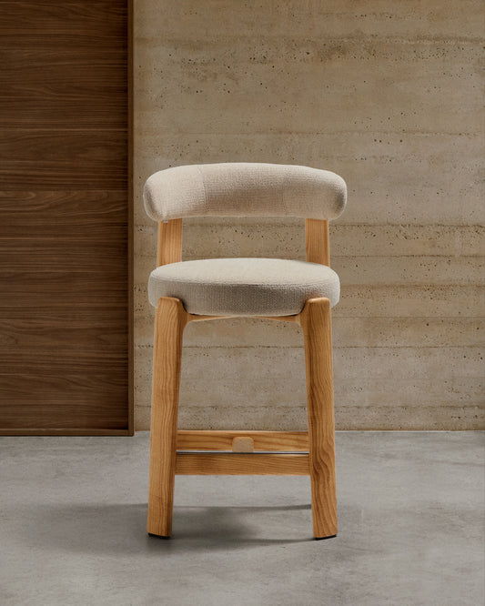 Granite stool made of beige chenille and solid ash wood with natural tone finish FSC 100% 75cm