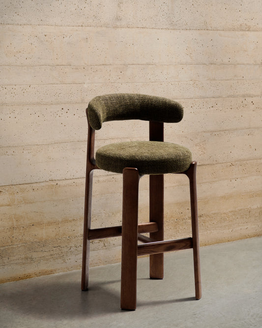 Granite stool in green chenille and solid ash wood with walnut-coloured finish FSC 100% 75cm