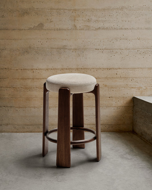 Granite stool in beige chenille and solid ash wood with walnut-coloured finish FSC 100% 75cm