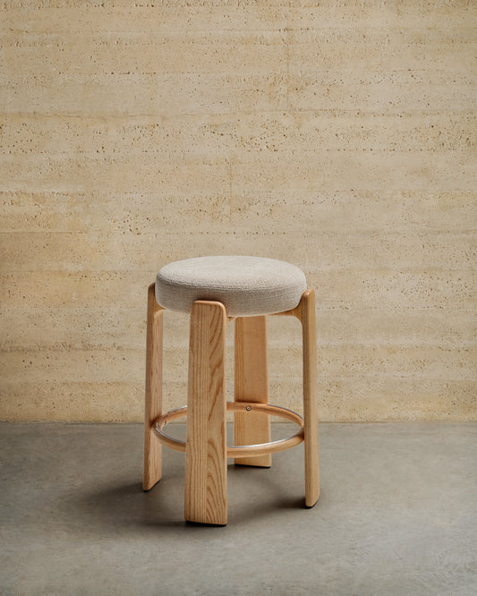 Granite stool in beige chenille and solid ash wood with natural tone finish FSC 100% 65cm