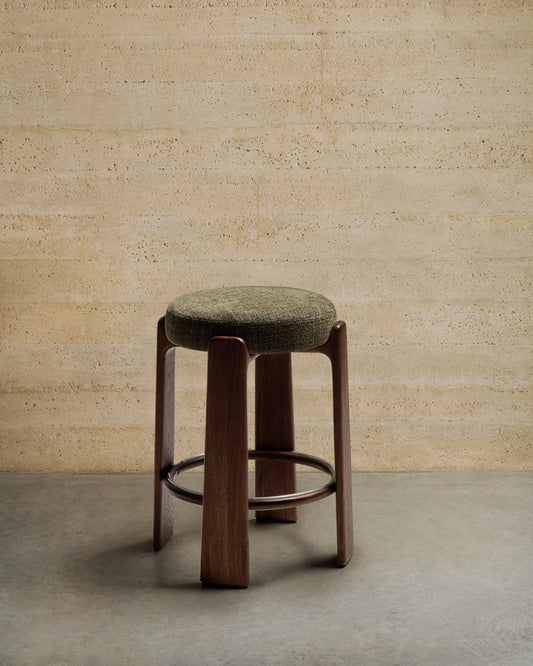 Granite stool in green chenille and solid ash wood with walnut-coloured finish FSC 100% 65cm