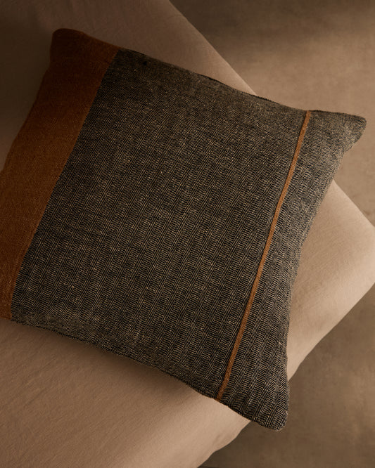 Eiko 100% grey linen cushion cover with vertical terracotta stripes, 50 x 50 cm
