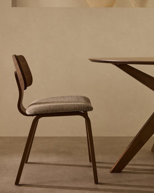 Gena chair in walnut veneer and beige chenille