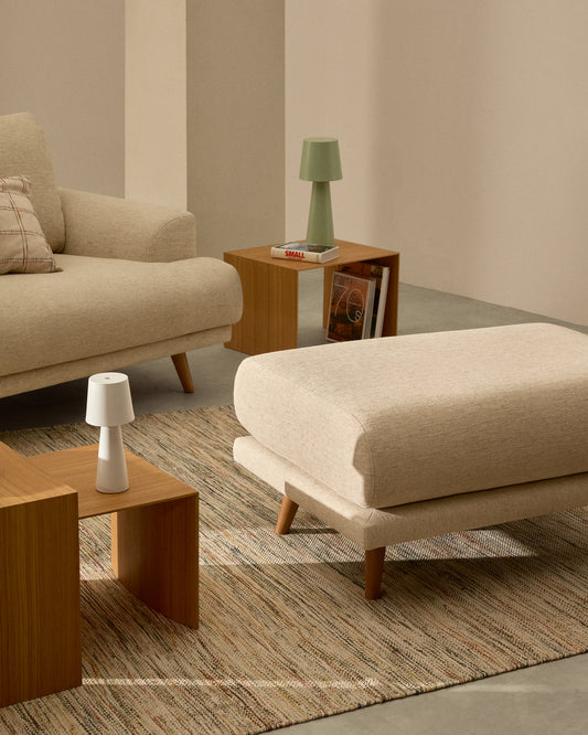 Karin footrest in beige chenille with solid beech wood legs in natural colour finish 90 x 70 cm