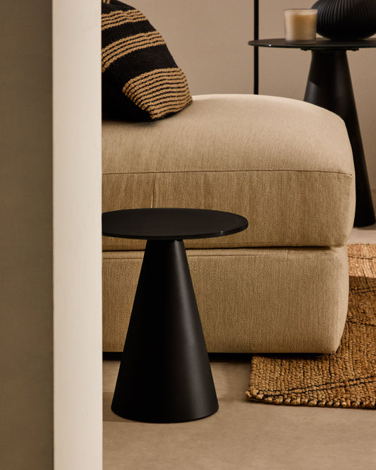 Wilshire side table with frosted tempered glass and steel with matt black painted finish Ø30cm