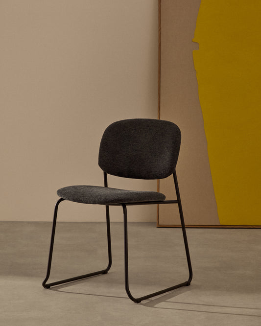 Meli stackable chair in grey chenille with grey metal legs FSC Mix Credit