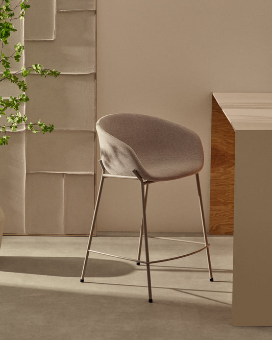 Yvette stool in beige chenille and steel legs in a beige finish, 75 cm high