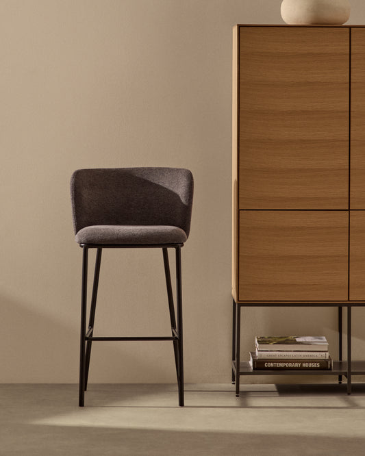 Ciselia stool in dark grey chenille and black steel legs 75 cm FSC Mix Credit