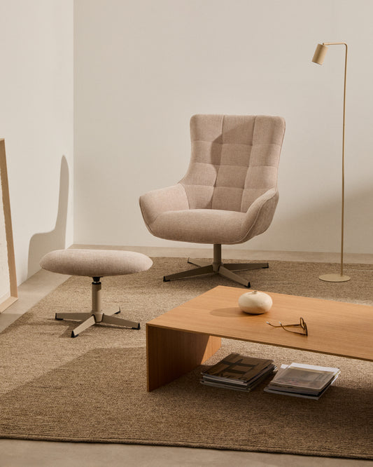 Teryl swivel beige chenille armchair with grey-finished metal, FSC 100%