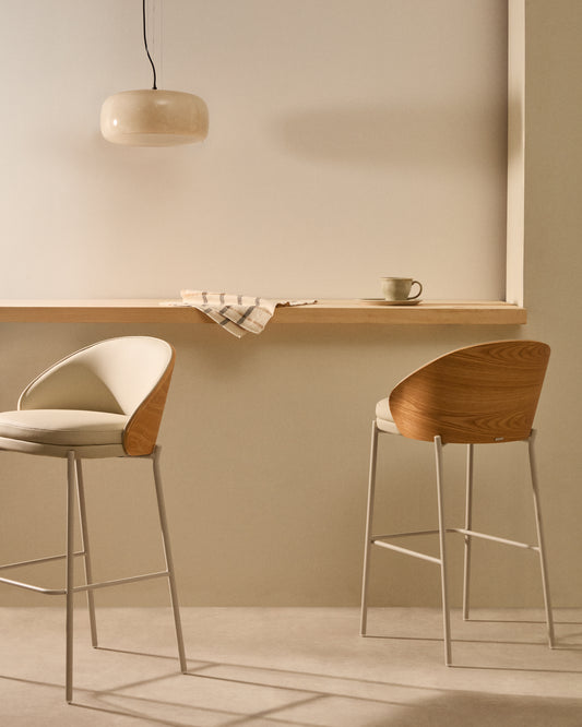 Eamy stool in beige faux leather, natural finish ash veneer and beige metal 77cm