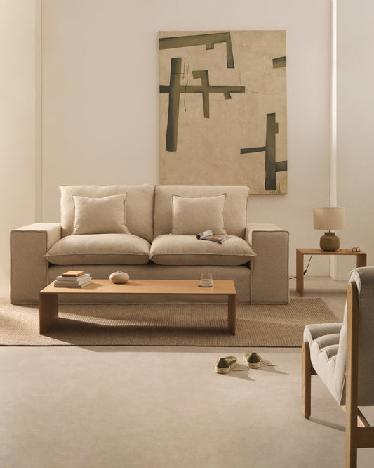 Anarela beige linen 2-seater sofa with removable cover and cushions 240cm