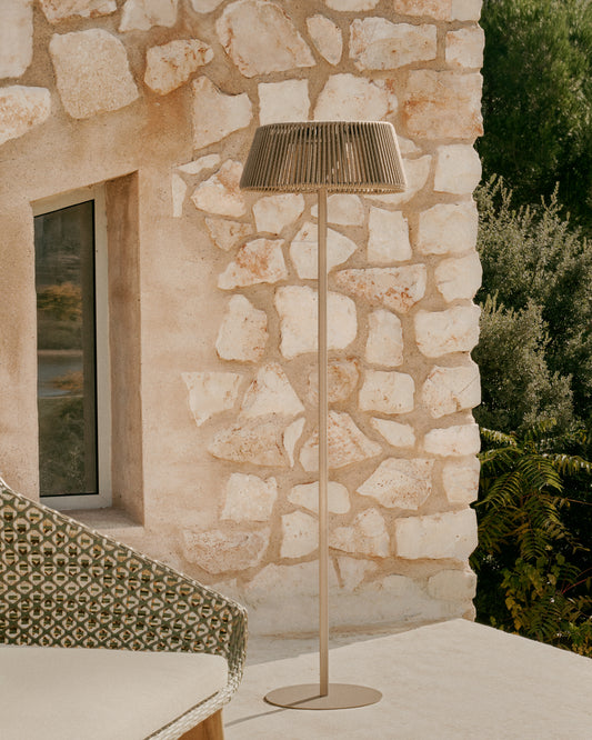 Aldet outdoor solar floor lamp in beige mottled rope cord with beige metal stand Ø46cm