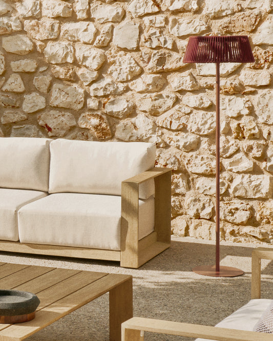 Aldet outdoor solar floor lamp in terracotta mottled rope cord with terracotta metal stand Ø46cm