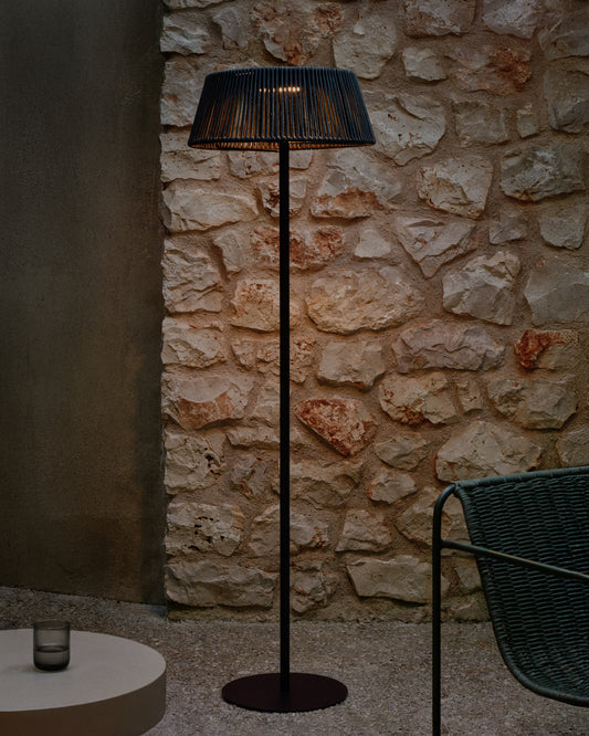 Aldet outdoor solar floor lamp in black and green mottled rope cord with black metal stand Ø46cm