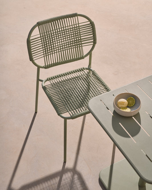 Talaier stackable outdoor chair in synthetic rope and galvanised steel with turquoise finish