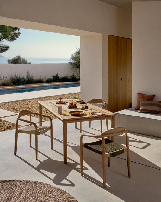 Nina stackable chair in FSC 100% solid acacia wood and green rope cord