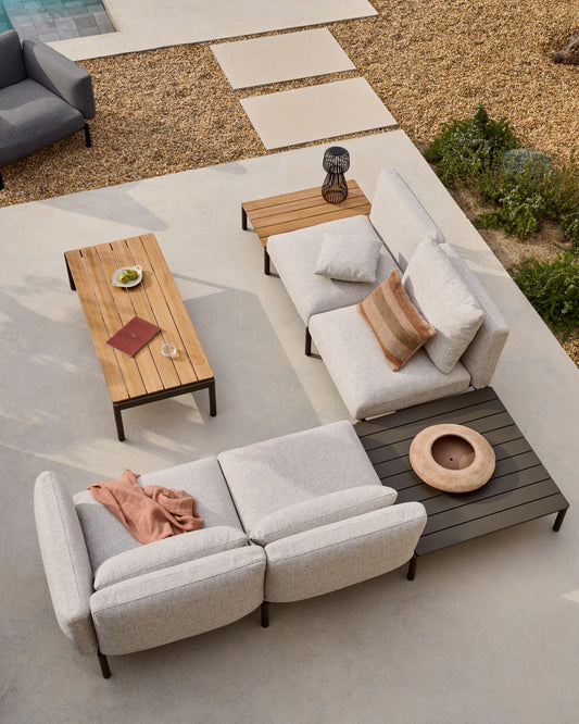 Sorells outdoor modular 4-seater corner sofa with beige upholstery and grey aluminium with teak table 353 x 316.5cm FSC 100%