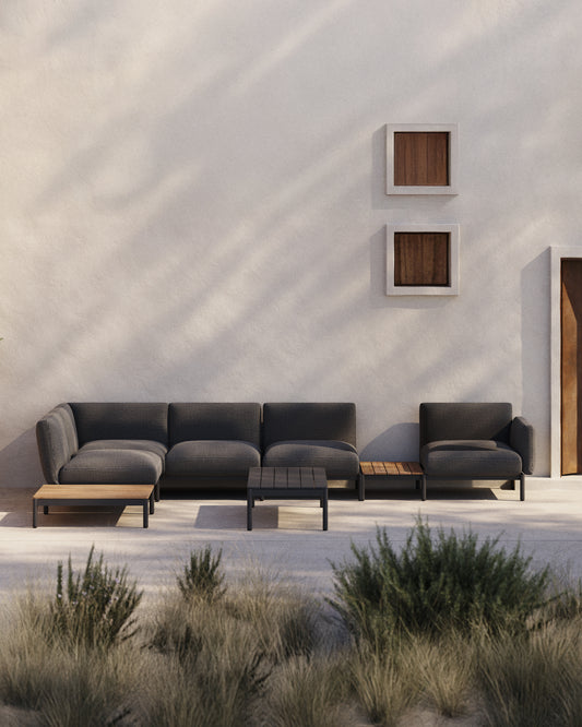 Sorells outdoor modular 5-seater corner sofa with grey upholstery and grey aluminium with teak tables 277 x 446cm FSC 100%