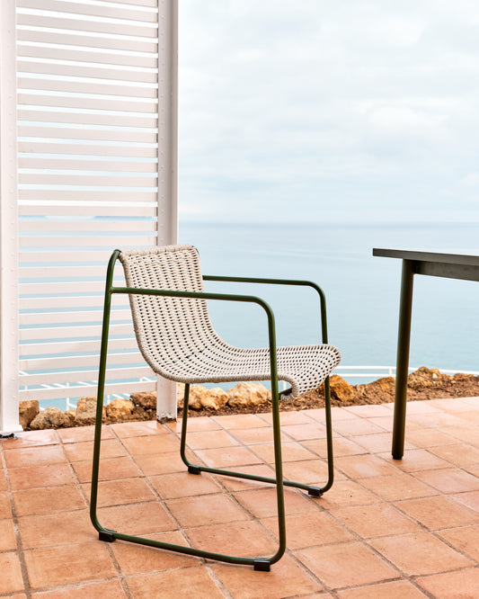 Maurina stackable chair in green galvanised steel and ecru and grey rope cord