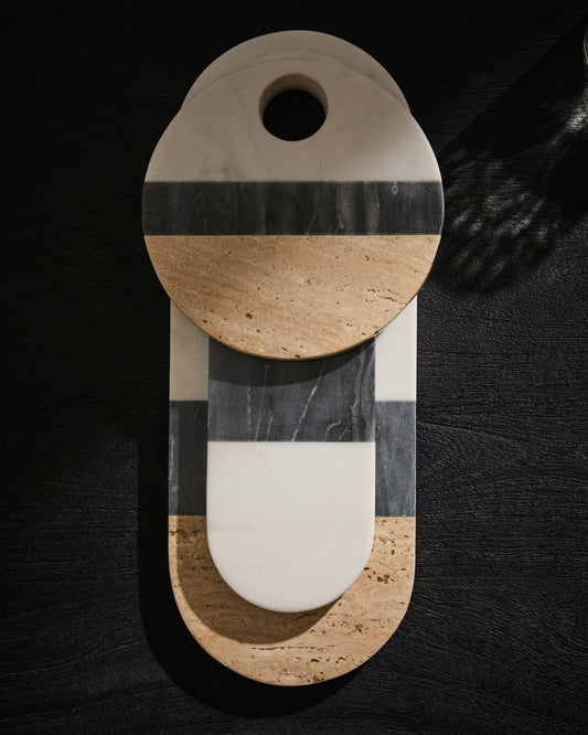 Nivol large serving board in white and black marble and travertine