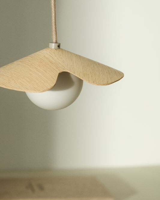 Wilara oak veneer ceiling lamp with 1 white smoked glass ball