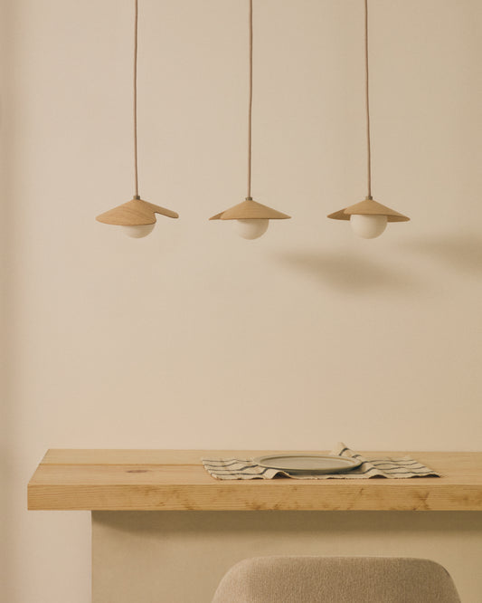 Wilara oak veneer ceiling lamp with 3 white smoked glass balls