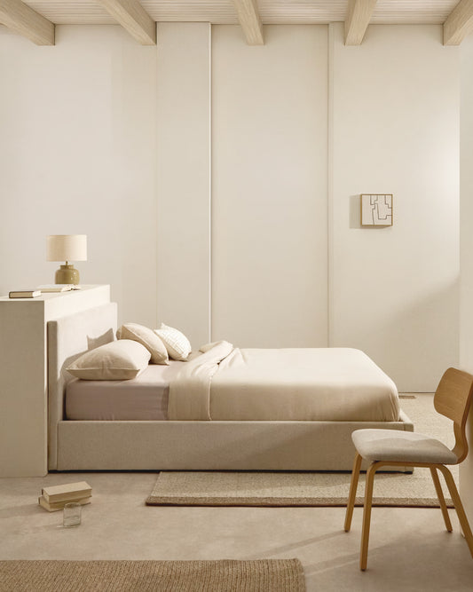 Nahiri beige chenille bed with storage base for 160 x 200cm mattress
