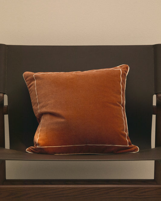 Tivani orange embroidered velvet cushion cover with contrasting trim 45 x 45cm