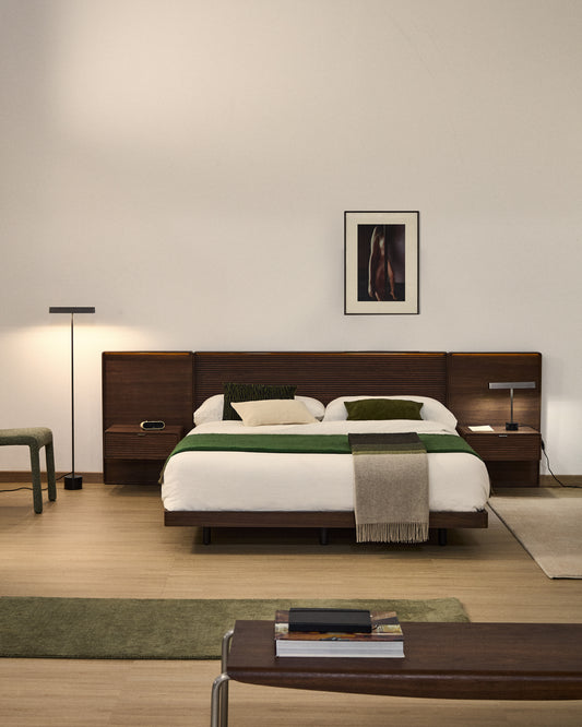 Norlen bed with 2 bedside tables in walnut veneer with dark finish and LED light for 180 x 200 cm mattress FSC Mix Credit